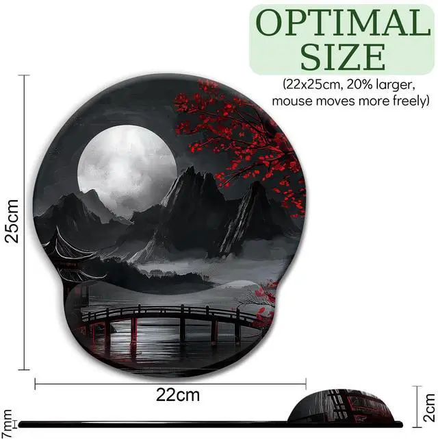 Alt view image 4 of 6 - KEHIPI Japanese Mouse Pad with Wrist Rest, Full Moon Ergonomic Mouse Pad Wrist Support with Non-Slip Pain Relief PU Base, Funny Computer Mousepad, Japanese Style Office Home Desk Accessories Decor