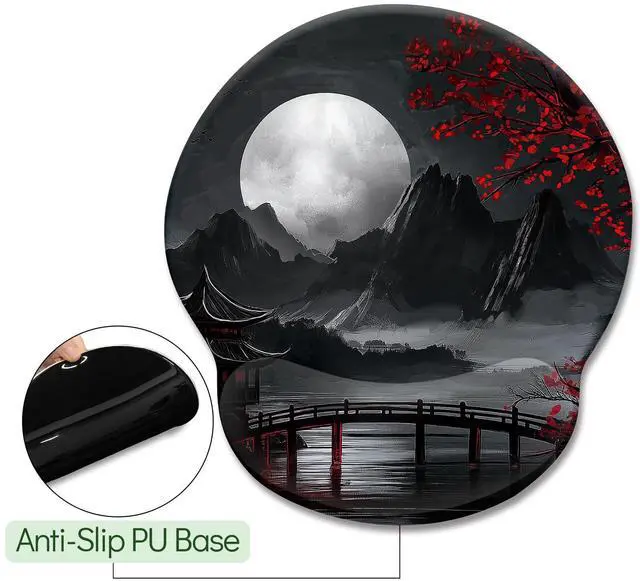 Alt view image 5 of 6 - KEHIPI Japanese Mouse Pad with Wrist Rest, Full Moon Ergonomic Mouse Pad Wrist Support with Non-Slip Pain Relief PU Base, Funny Computer Mousepad, Japanese Style Office Home Desk Accessories Decor