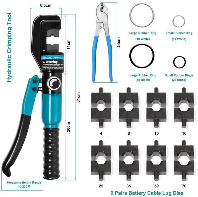 Alt view image 2 of 7 - KEHIPI 10 Tons Hydraulic Crimping Tool, Hydraulic Crimper for 12 AWG to 2/0 AWG Battery Cable,1/16" 1/8" 3/16" Stainless Steel Cable, Battery Cable Crimper Tool with Cable Cutter & 9 Dies