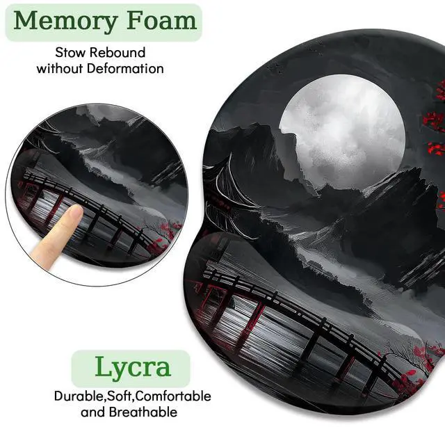 Alt view image 6 of 6 - KEHIPI Japanese Mouse Pad with Wrist Rest, Full Moon Ergonomic Mouse Pad Wrist Support with Non-Slip Pain Relief PU Base, Funny Computer Mousepad, Japanese Style Office Home Desk Accessories Decor