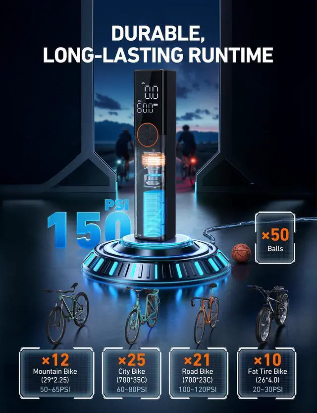 Alt view image 4 of 7 - KEHIPI  L8 Portable Bike Pump, Bicycle Tire Inflator with Pressure Gauge, 150 PSI High Voltage Motor for Electric Mini Air Pump with Presta, Schrader, and Dunlop Valve for Road, Mountain, and E-Bike