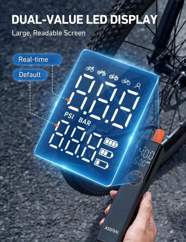 Alt view image 6 of 7 - KEHIPI  L8 Portable Bike Pump, Bicycle Tire Inflator with Pressure Gauge, 150 PSI High Voltage Motor for Electric Mini Air Pump with Presta, Schrader, and Dunlop Valve for Road, Mountain, and E-Bike