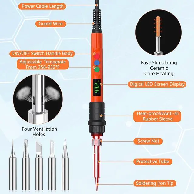 Alt view image 2 of 7 - KEHIPI Soldering Iron Kit, 120W LED Digital Advanced Solder Iron Soldering Gun kit, 110V Welding Tools, Smart Temperature Control [356-932], Extra 5pcs Tips, Auto Sleep, Temp Calibration, Orange