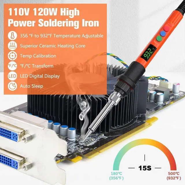 Alt view image 4 of 7 - KEHIPI Soldering Iron Kit, 120W LED Digital Advanced Solder Iron Soldering Gun kit, 110V Welding Tools, Smart Temperature Control [356-932], Extra 5pcs Tips, Auto Sleep, Temp Calibration, Orange