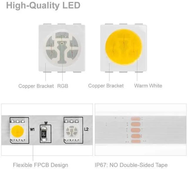 Alt view image 2 of 7 - KEHIPI 5050 RGBW RGB+Warm White(2700K-3000K) 150RGB+150White LED Tape Light 5m 16.4ft 60LED/m Multi-Colored IP67 12mm Width FPCB DC12V for Bedroom Home Decoration(No Adapter or Controller)