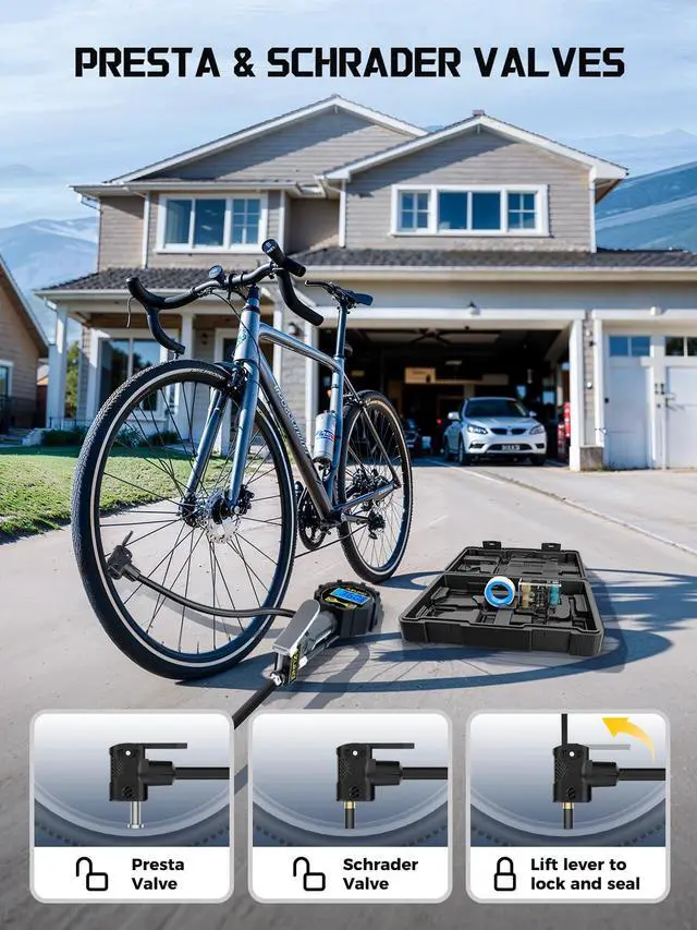 Alt view image 5 of 7 - KEHIPI Presta Valve Adaptor with Pressure Gauge and Storage Box,200psi Dual-Port Schrader & Presta Valve Pump,Can Check,Inflate, Deflate Bike Tire Inflator for Air Compressor for Bicycles,Motorcycles,