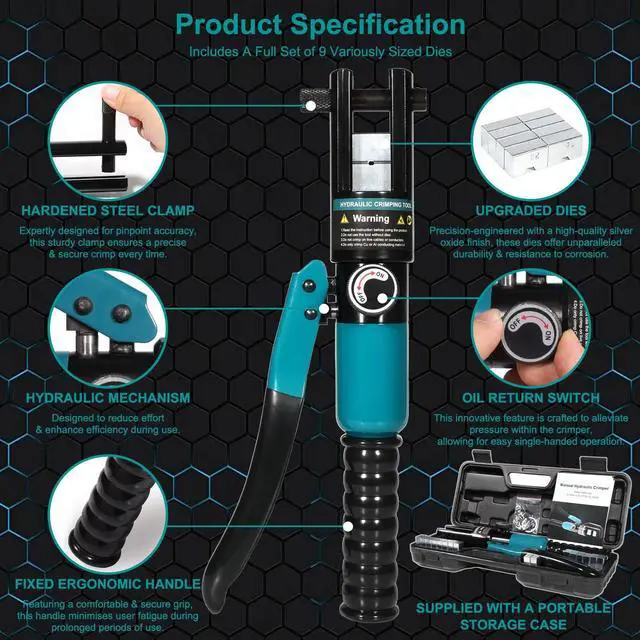 Alt view image 5 of 7 - KEHIPI 10-Ton Hydraulic Crimping Tool with 9 Dies - Battery Cable Crimper Tool & Wire Rope Crimping Tool for 12 AWG to 2/0 AWG, 1/16" 1/8" 3/16" Stainless Steel Cable Railing Tool, Hydraulic Crimper