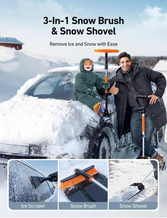 Alt view image 3 of 7 - KEHIPI  2" 1 Ice Scraper & Snow Shovel Kit, 47.2" Ice Scrapers for Car Windshield and 360° Pivoting Snow Brush, Extendable Snow Shovel with Foam Grip for Car, Trucks, SUVs, VehiclesOrange