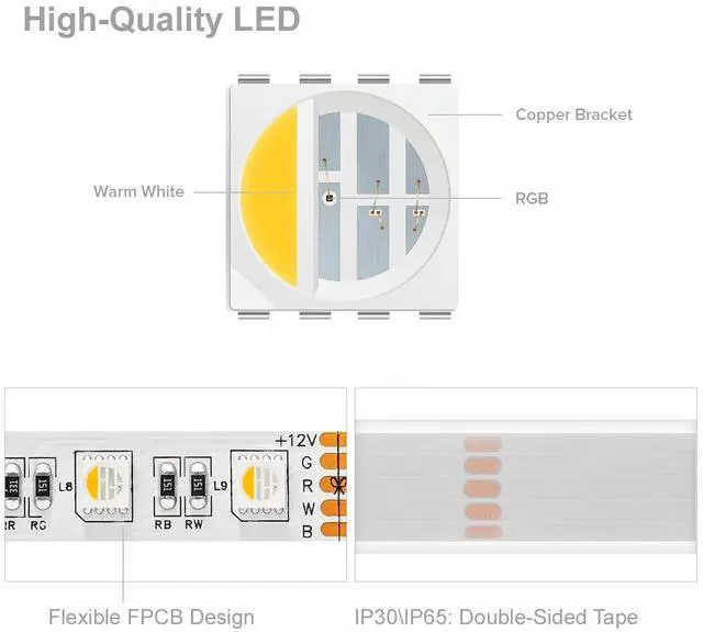 Alt view image 3 of 7 - KEHIPI 5050 RGBW RGB+Warm White(2700K-3000K) 4 Colors in 1 LED Tape Light DC12V 5m 16.4ft 60LED/m Multi-Colored IP67 White 14mm PCB for Bedroom Kitchen Home Decoration(No Adapter or Controller)