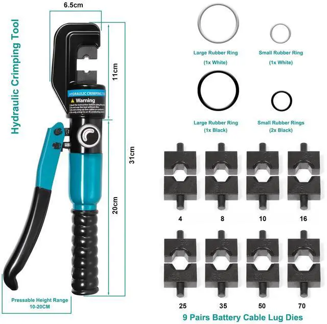 Alt view image 2 of 7 - KEHIPI 10 Tons Hydraulic Crimping Tool with 9 Dies - Battery Cable Crimper Tool & Wire Rope Crimping Tool for 12 to 2/0 AWG, 1/16" 1/8" 3/16" Stainless Steel Cable Railing Tool