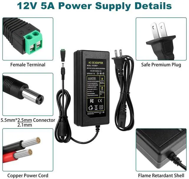 Alt view image 2 of 7 - KEHIPI 12 Volt Power Supply Driver, 5A 60W 12V LED Power Supply Adapter, 5 Pack Low Voltage Transformer, AC 100-240V to DC 12V Driver,Use for LED Strip Light