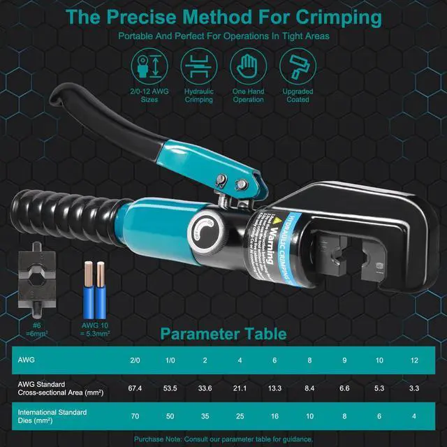 Alt view image 5 of 7 - KEHIPI 10 Tons Hydraulic Crimping Tool, Hydraulic Crimper for 12 AWG to 2/0 AWG Battery Cable,1/16" 1/8" 3/16" Stainless Steel Cable, Battery Cable Crimper Tool with Cable Cutter & 9 Dies