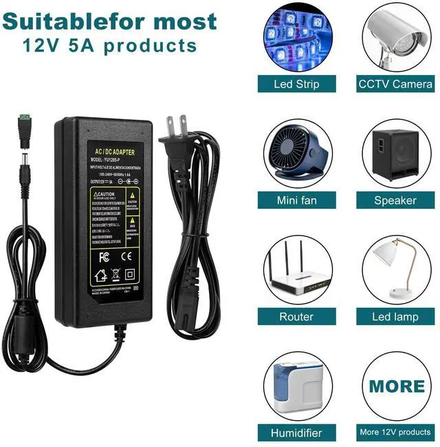 Alt view image 4 of 7 - KEHIPI 12 Volt Power Supply Driver, 5A 60W 12V LED Power Supply Adapter, 5 Pack Low Voltage Transformer, AC 100-240V to DC 12V Driver,Use for LED Strip Light