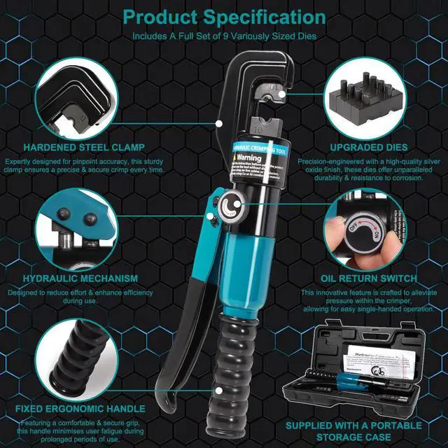 Alt view image 6 of 7 - KEHIPI 10 Tons Hydraulic Crimping Tool, Hydraulic Crimper for 12 AWG to 2/0 AWG Battery Cable,1/16" 1/8" 3/16" Stainless Steel Cable, Battery Cable Crimper Tool with Cable Cutter & 9 Dies