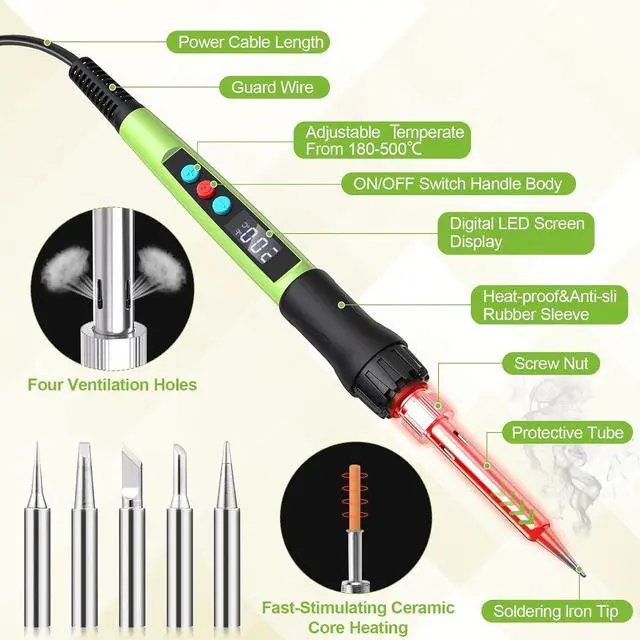 Alt view image 2 of 7 - KEHIPI Soldering Iron Kit, 100W LED Digital Solder Gun kits with Ceramic Heater, Adjustable Temperature Welding Tools with Tips, Wick Braid, Stand, Solders Wire, Sponge, Flux Paste