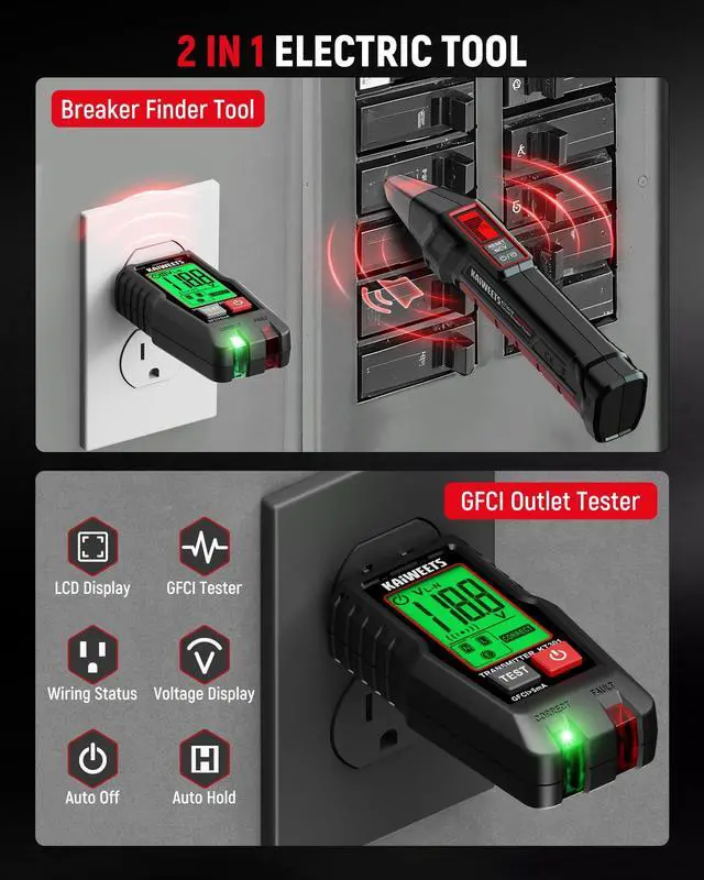 Alt view image 6 of 7 - KEHIPI Circuit Breaker Finder with LCD Display, GFCI Outlet Tester, Electrical Circuit Tracer Tool with NCV Test & Flashlight, Includes Carrying Case and Adapters- KT301P