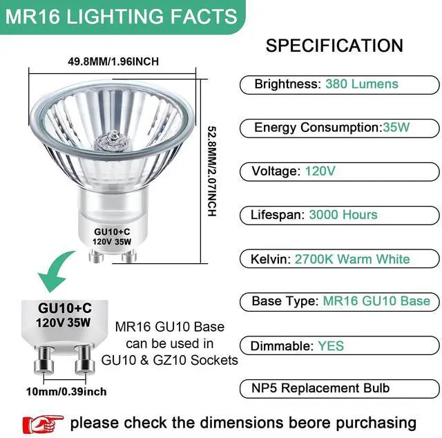 Alt view image 5 of 7 - KEHIPI GU10 Halogen 35W Bulbs, Dimmable MR16 GU10+C 120V 35W for Track, Recessed, Candle Warmer, Range Hood Light Bulbs, 2700K Warm White, Pack of 4