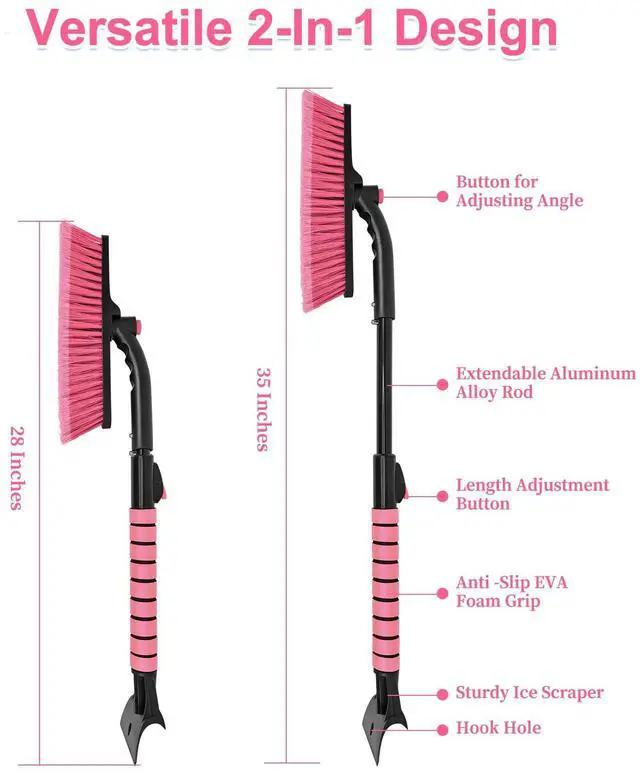 Alt view image 6 of 6 - KEHIPI 35 Inch Ice Scraper and Snow Brush for Car Windshield, Extendable Snow Scraper Brush with Foam Grip for Truck SUV Vehicle Window - Pink