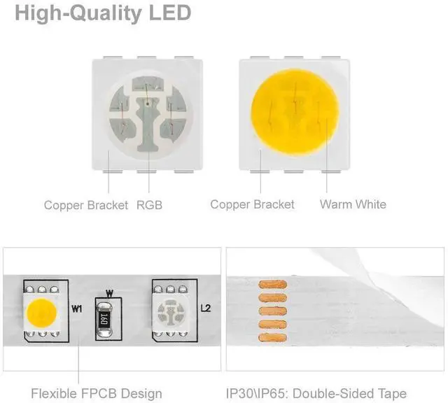 Alt view image 2 of 7 - KEHIPI 5050 RGBW RGB+Warm White(2700K-3000K) 150RGB+150White LED Tape Light 5m 16.4ft 60LED/m Multi-Colored IP65 10mm Width FPCB DC12V for Bedroom Home Decoration(No Adapter or Controller)
