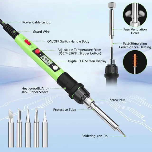 Alt view image 2 of 6 - KEHIPI Soldering Iron Kit, 80W 110V LCD Digital Solder Iron Pen with Ceramic Heater, Portable Welding Tools with 5pcs Tips, Stand, Solders Wire, Sponge, Paste, for Metal,Electric Repairs, DIY, Green