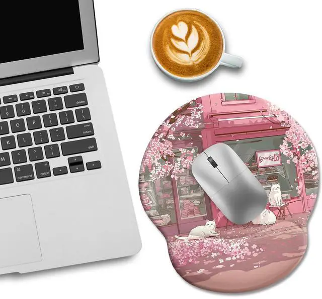 Alt view image 2 of 6 - KEHIPI Cat Ergonomic Mouse Pad with Wrist Rest, Pink Cherry Blossom Computer Mouse Pad Wrist Support with Non-Slip Pain Relief PU Base, Cute Office Desk Decor Accessories Japanese Dessert House
