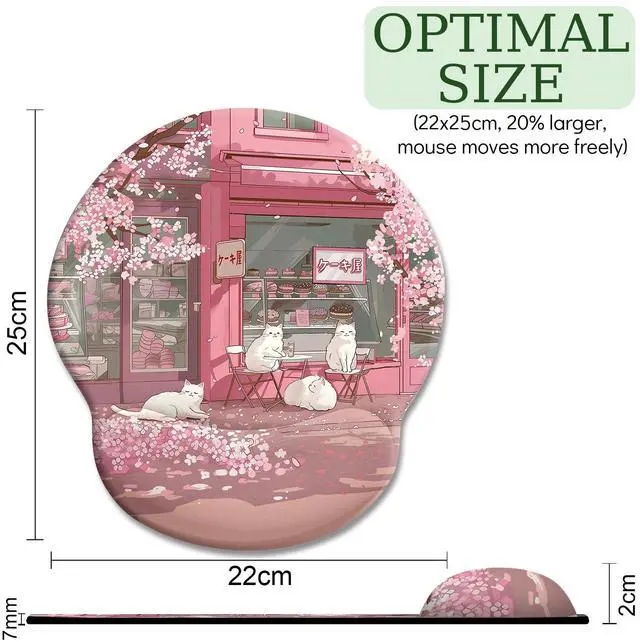 Alt view image 4 of 6 - KEHIPI Cat Ergonomic Mouse Pad with Wrist Rest, Pink Cherry Blossom Computer Mouse Pad Wrist Support with Non-Slip Pain Relief PU Base, Cute Office Desk Decor Accessories Japanese Dessert House
