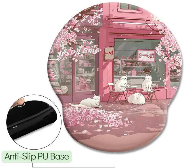 Alt view image 5 of 6 - KEHIPI Cat Ergonomic Mouse Pad with Wrist Rest, Pink Cherry Blossom Computer Mouse Pad Wrist Support with Non-Slip Pain Relief PU Base, Cute Office Desk Decor Accessories Japanese Dessert House