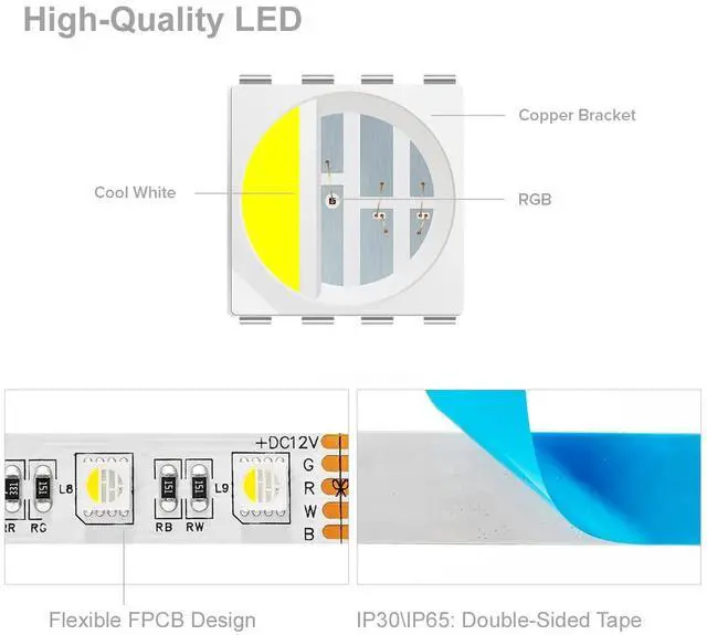 Alt view image 4 of 7 - KEHIPI 5050 RGBW RGB+Cool White(6000K-7000K) 4 Colors in 1 LED Tape Light DC12V 5m 16.4ft 60LED/m Multi-Colored IP65 White 12mm PCB for Bedroom Kitchen Home Decoration(No Adapter or Controller)