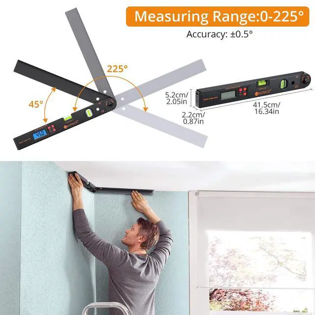 Alt view image 3 of 7 - KEHIPI Aluminum Digital Angle Finder Protractor 225° 16 inch Backlit LCD Digital with Horizontal and Vertical Bubble - Black