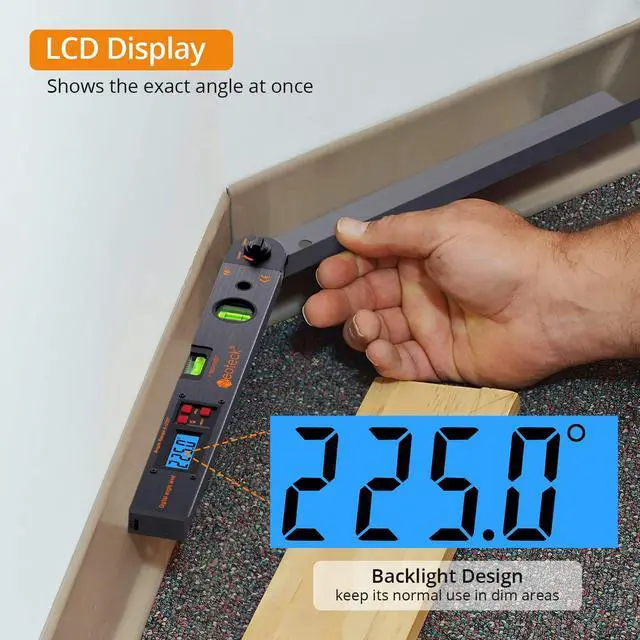 Alt view image 4 of 7 - KEHIPI Aluminum Digital Angle Finder Protractor 225° 16 inch Backlit LCD Digital with Horizontal and Vertical Bubble - Black