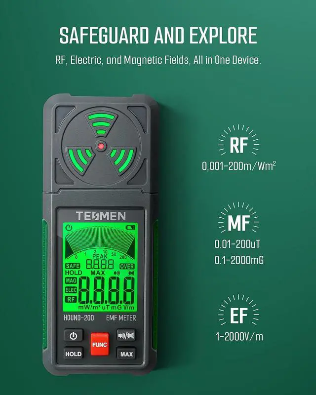Alt view image 3 of 7 - KEHIPI EMF Meter, Hound-200 EMF Detector: 3-in-1 Portable Electromagnetic Field Radiation Detector for EF, RF, MF, WiFi Signal, Suitable for Home, Office EMF Inspections and Ghost Hunting - Green