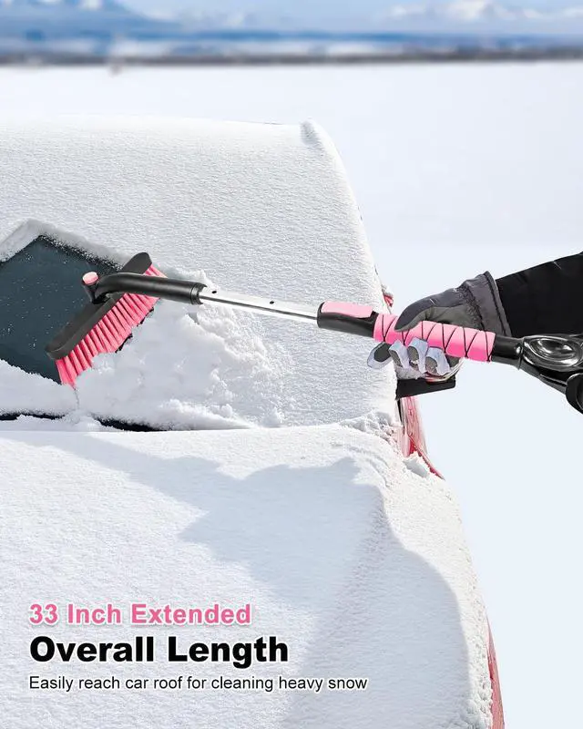 Alt view image 2 of 7 - KEHIPI 33 Inch Snow Brush and Ice Scraper for Car Windshield, Extendable Snow Scraper and Brush with Foam Grip for Truck SUV Vehicle Window - Pink
