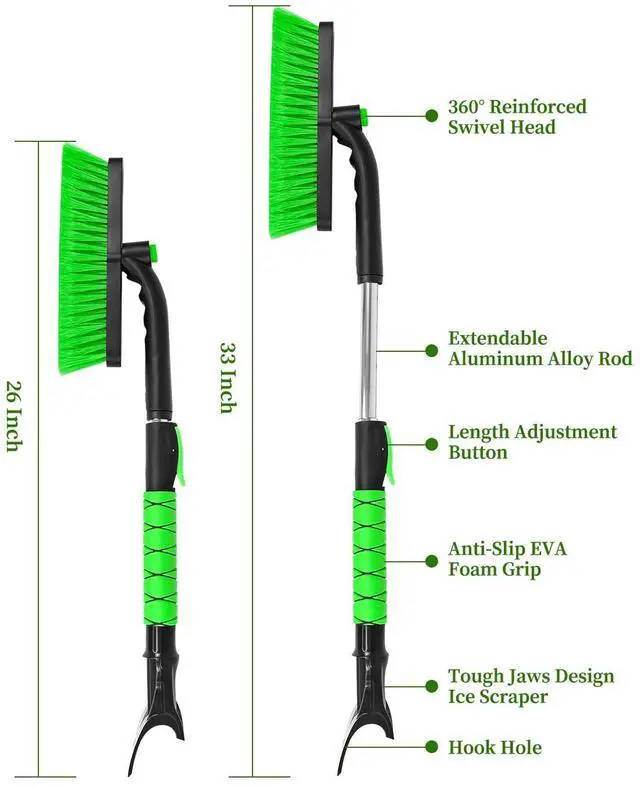 Alt view image 7 of 7 - KEHIPI 33 Inch Ice Scraper with Snow Brush for Car Windshield, Extendable Snow Scraper and Brush with Foam Grip for Truck SUV Vehicle Window - Green