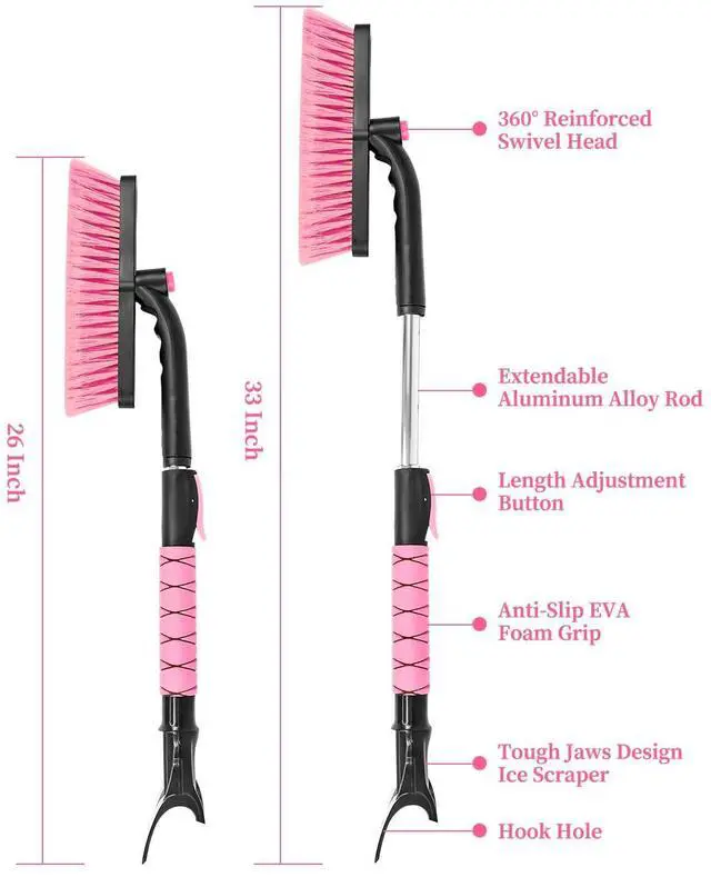 Alt view image 7 of 7 - KEHIPI 33 Inch Snow Brush and Ice Scraper for Car Windshield, Extendable Snow Scraper and Brush with Foam Grip for Truck SUV Vehicle Window - Pink