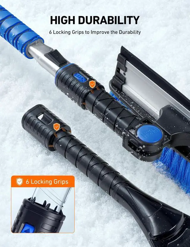 Alt view image 4 of 7 - KEHIPI 47.2" Ice Scrapers for Car Windshield, 3 in 1 Sturdy Snow Brush with Squeegee, 10 Adjustable Length Settings, Extendable Aluminum Handle, 180° Pivoting Snow Scraper for Car, Truck, SUV(Blue)