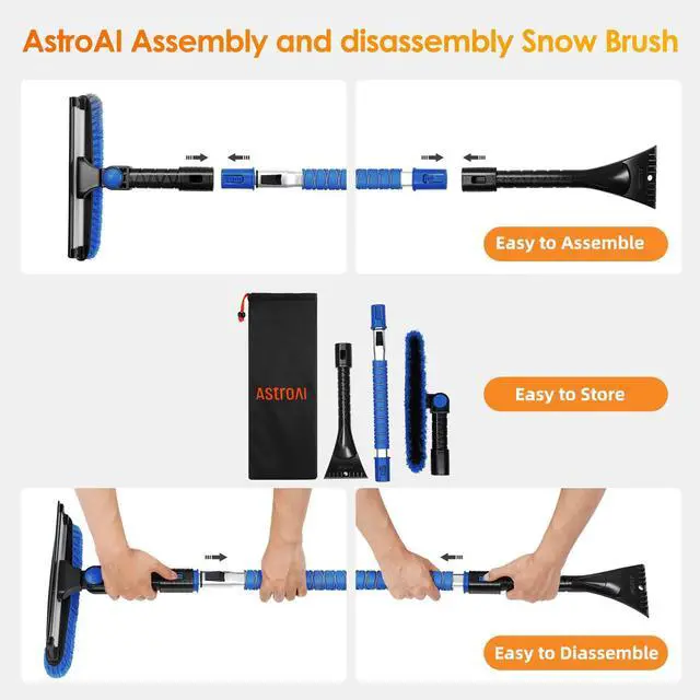 Alt view image 6 of 7 - KEHIPI 47.2" Ice Scrapers for Car Windshield, 3 in 1 Sturdy Snow Brush with Squeegee, 10 Adjustable Length Settings, Extendable Aluminum Handle, 180° Pivoting Snow Scraper for Car, Truck, SUV(Blue)