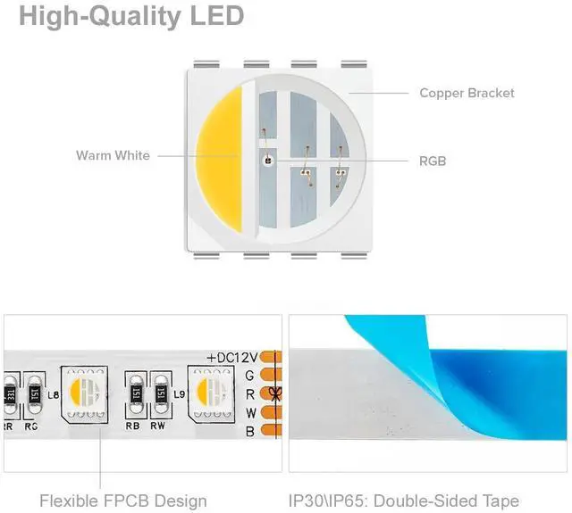 Alt view image 3 of 7 - KEHIPI 5050 RGBW RGB+Warm White(2700K-3000K) 4 Colors in 1 LED Tape Light DC12V 5m 16.4ft 60LED/m Multi-Colored IP65 White 12mm PCB for Bedroom Kitchen Home Decoration(No Adapter or Controller)