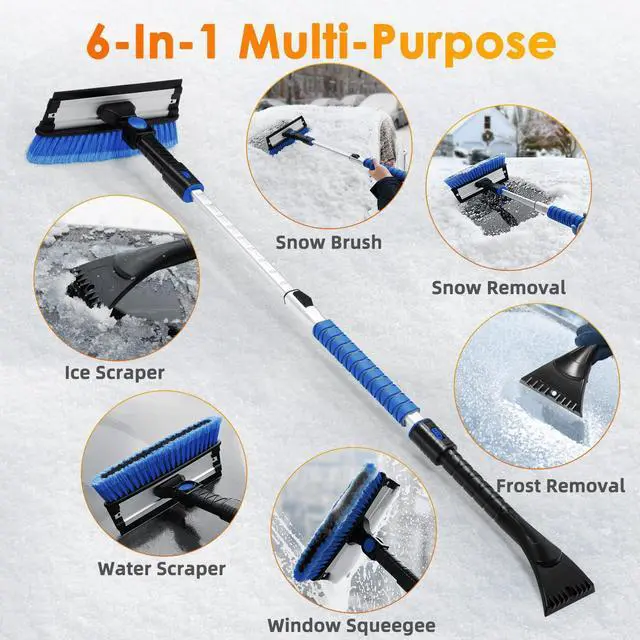 Alt view image 5 of 7 - KEHIPI 47.2" Ice Scrapers for Car Windshield, 3 in 1 Sturdy Snow Brush with Squeegee, 10 Adjustable Length Settings, Extendable Aluminum Handle, 180° Pivoting Snow Scraper for Car, Truck, SUV(Blue)