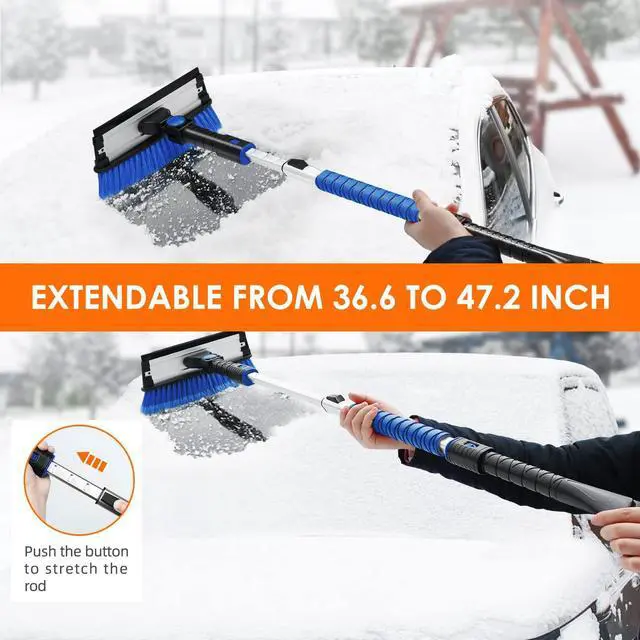 Alt view image 3 of 7 - KEHIPI 47.2" Ice Scrapers for Car Windshield, 3 in 1 Sturdy Snow Brush with Squeegee, 10 Adjustable Length Settings, Extendable Aluminum Handle, 180° Pivoting Snow Scraper for Car, Truck, SUV(Blue)