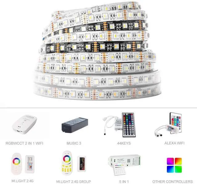 Alt view image 6 of 7 - KEHIPI 5050 RGBW RGB+Cool White(6000K-7000K) 4 Colors in 1 LED Tape Light DC12V 5m 16.4ft 60LED/m Multi-Colored IP65 White 12mm PCB for Bedroom Kitchen Home Decoration(No Adapter or Controller)