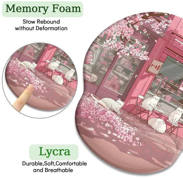 Alt view image 6 of 6 - KEHIPI Cat Ergonomic Mouse Pad with Wrist Rest, Pink Cherry Blossom Computer Mouse Pad Wrist Support with Non-Slip Pain Relief PU Base, Cute Office Desk Decor Accessories Japanese Dessert House