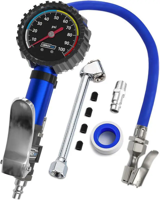 Main image of KEHIPI Tire Inflator with Pressure Gauge and Longer Hose - Most Accurate, Heavy Duty Air Chuck with Gauge for Air Compressor Tire Inflator Attachment - 100PSI