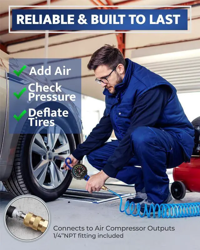 Alt view image 2 of 7 - KEHIPI Tire Inflator with Pressure Gauge and Longer Hose - Most Accurate, Heavy Duty Air Chuck with Gauge for Air Compressor Tire Inflator Attachment - 100PSI