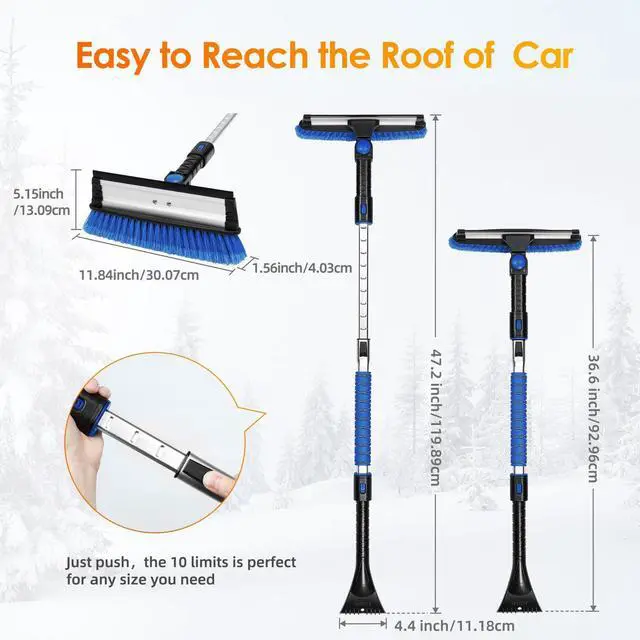 Alt view image 7 of 7 - KEHIPI 47.2" Ice Scrapers for Car Windshield, 3 in 1 Sturdy Snow Brush with Squeegee, 10 Adjustable Length Settings, Extendable Aluminum Handle, 180° Pivoting Snow Scraper for Car, Truck, SUV(Blue)