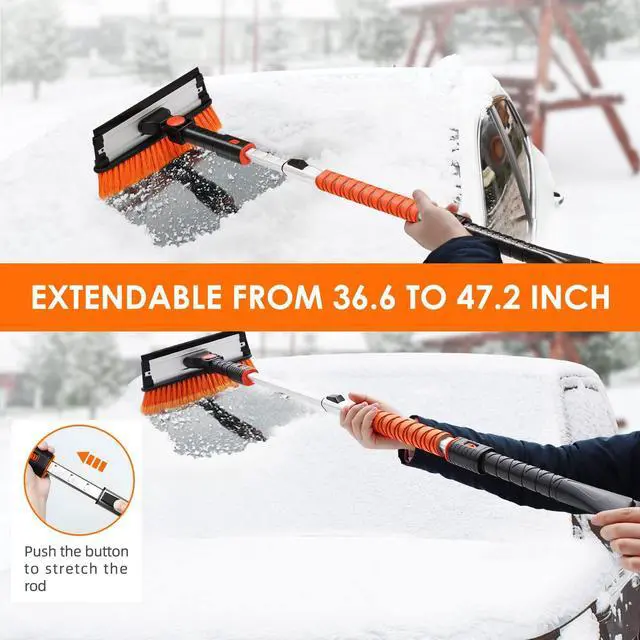 Alt view image 3 of 7 - KEHIPI 47.2" Ice Scrapers for Car Windshield, 3 in 1 Sturdy Snow Brush with Squeegee, 10 Adjustable Length Settings, Extendable Aluminum Handle, 180° Pivoting Snow Scraper for Car, Truck, SUV(Orange)