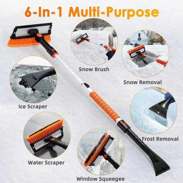 Alt view image 5 of 7 - KEHIPI 47.2" Ice Scrapers for Car Windshield, 3 in 1 Sturdy Snow Brush with Squeegee, 10 Adjustable Length Settings, Extendable Aluminum Handle, 180° Pivoting Snow Scraper for Car, Truck, SUV(Orange)