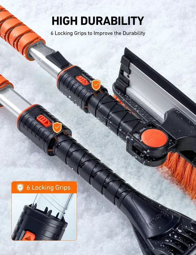 Alt view image 4 of 7 - KEHIPI 47.2" Ice Scrapers for Car Windshield, 3 in 1 Sturdy Snow Brush with Squeegee, 10 Adjustable Length Settings, Extendable Aluminum Handle, 180° Pivoting Snow Scraper for Car, Truck, SUV(Orange)