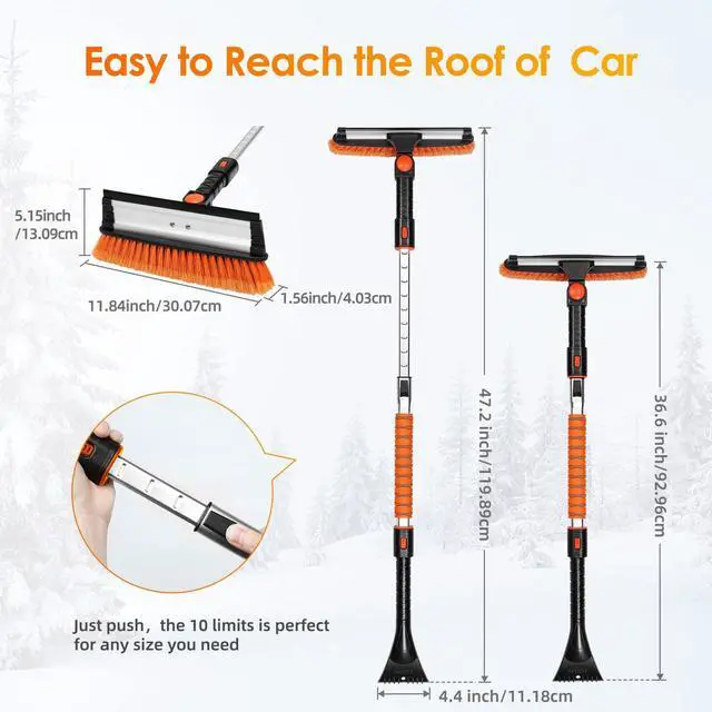 Alt view image 7 of 7 - KEHIPI 47.2" Ice Scrapers for Car Windshield, 3 in 1 Sturdy Snow Brush with Squeegee, 10 Adjustable Length Settings, Extendable Aluminum Handle, 180° Pivoting Snow Scraper for Car, Truck, SUV(Orange)