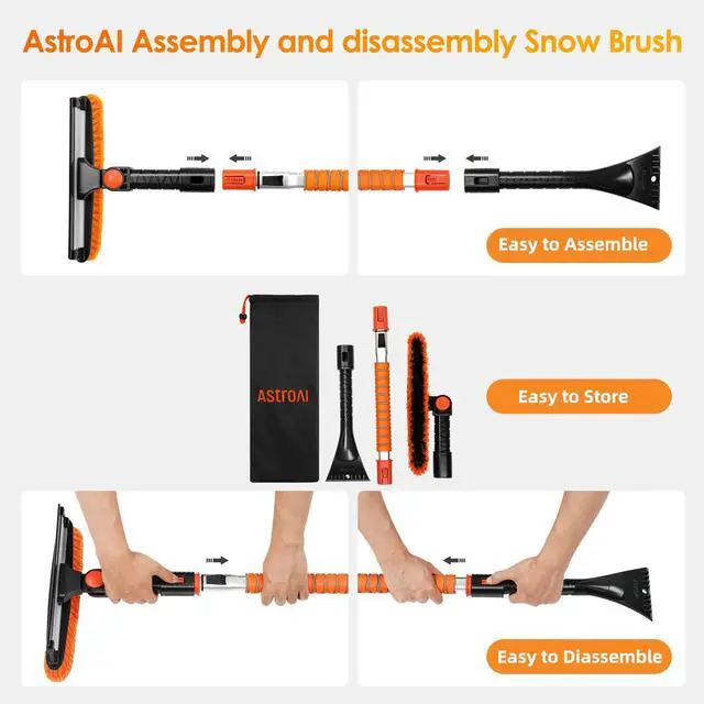 Alt view image 6 of 7 - KEHIPI 47.2" Ice Scrapers for Car Windshield, 3 in 1 Sturdy Snow Brush with Squeegee, 10 Adjustable Length Settings, Extendable Aluminum Handle, 180° Pivoting Snow Scraper for Car, Truck, SUV(Orange)