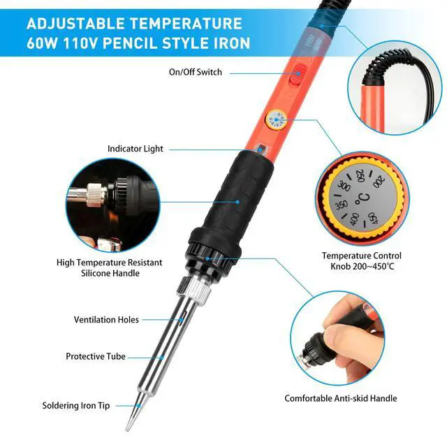 Alt view image 2 of 7 - KEHIPI Soldering Iron Kit, 60W Upgraded Soldering Kits Adjustable Temperature Welding Tool Solder Irons Pen with On/Off Switch Use for Electrical Repairs